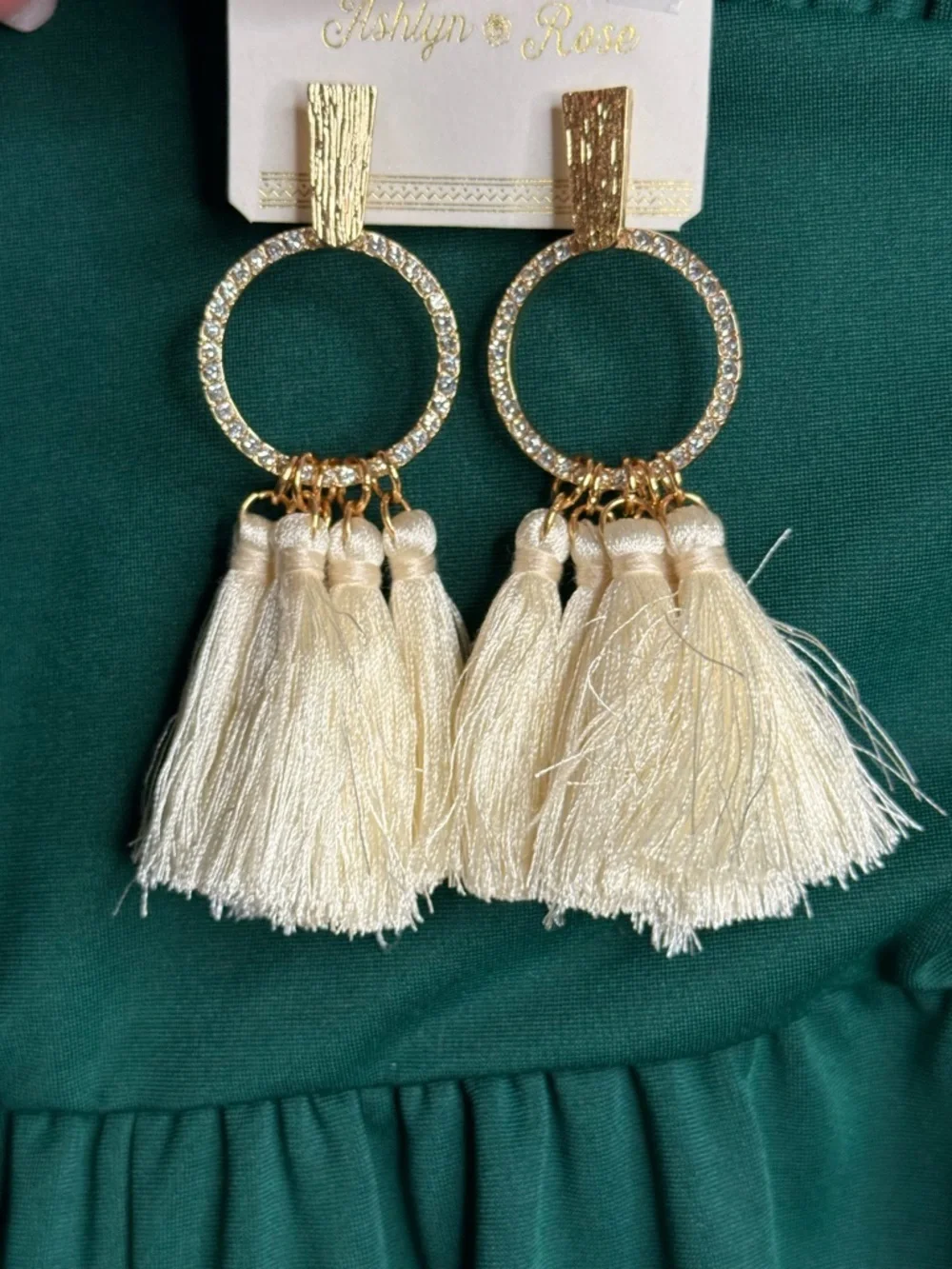 Ashlyn Rose Gold Rhinestone Hoop Tassel Earrings Cream Statement Boho